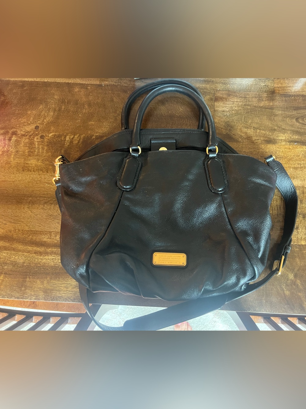 Marc by Marc Jacobs Black Leather Satchel with Gold Plaque